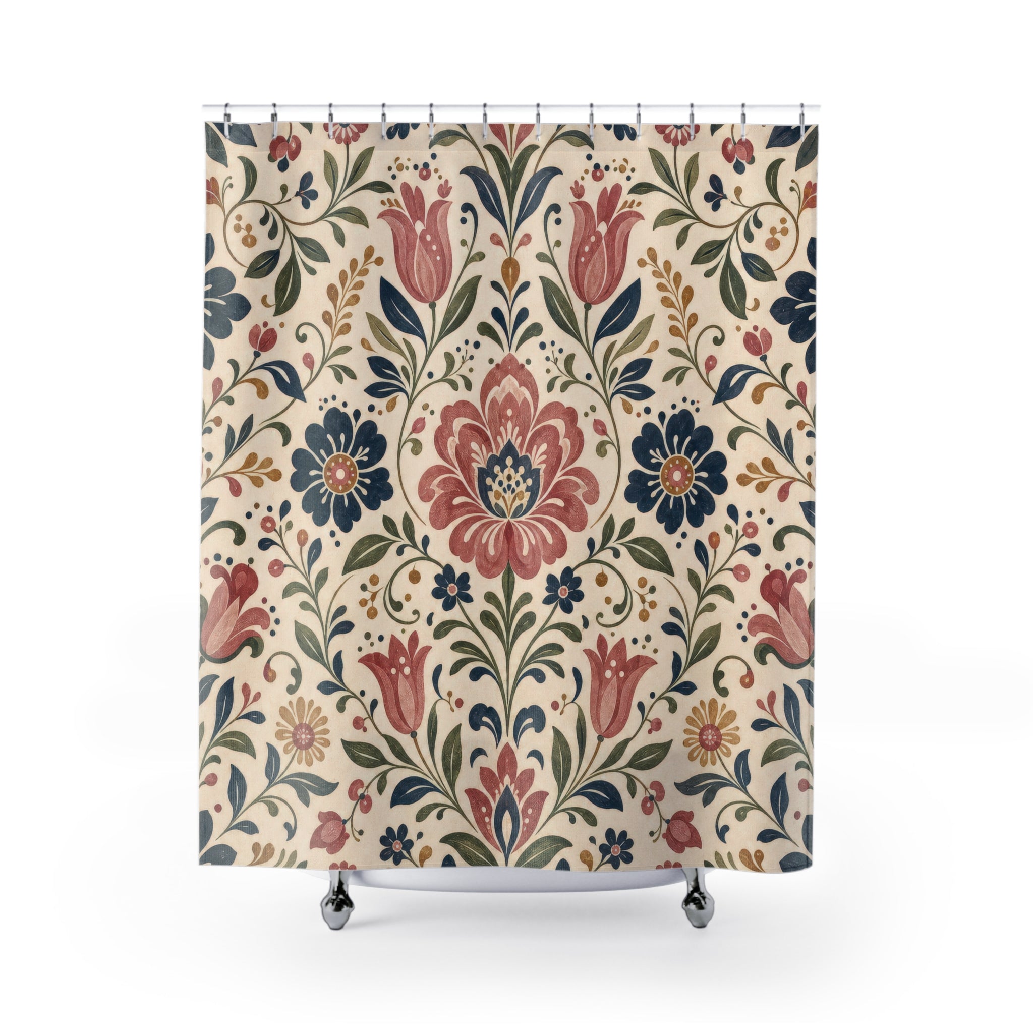 Floral Motif Shower Curtain: Folk Botanical Pattern