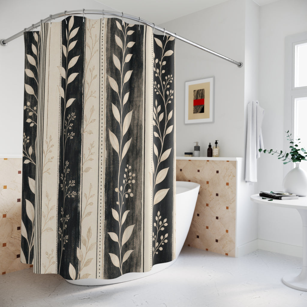 Cream Leaf Stripe Shower Curtain