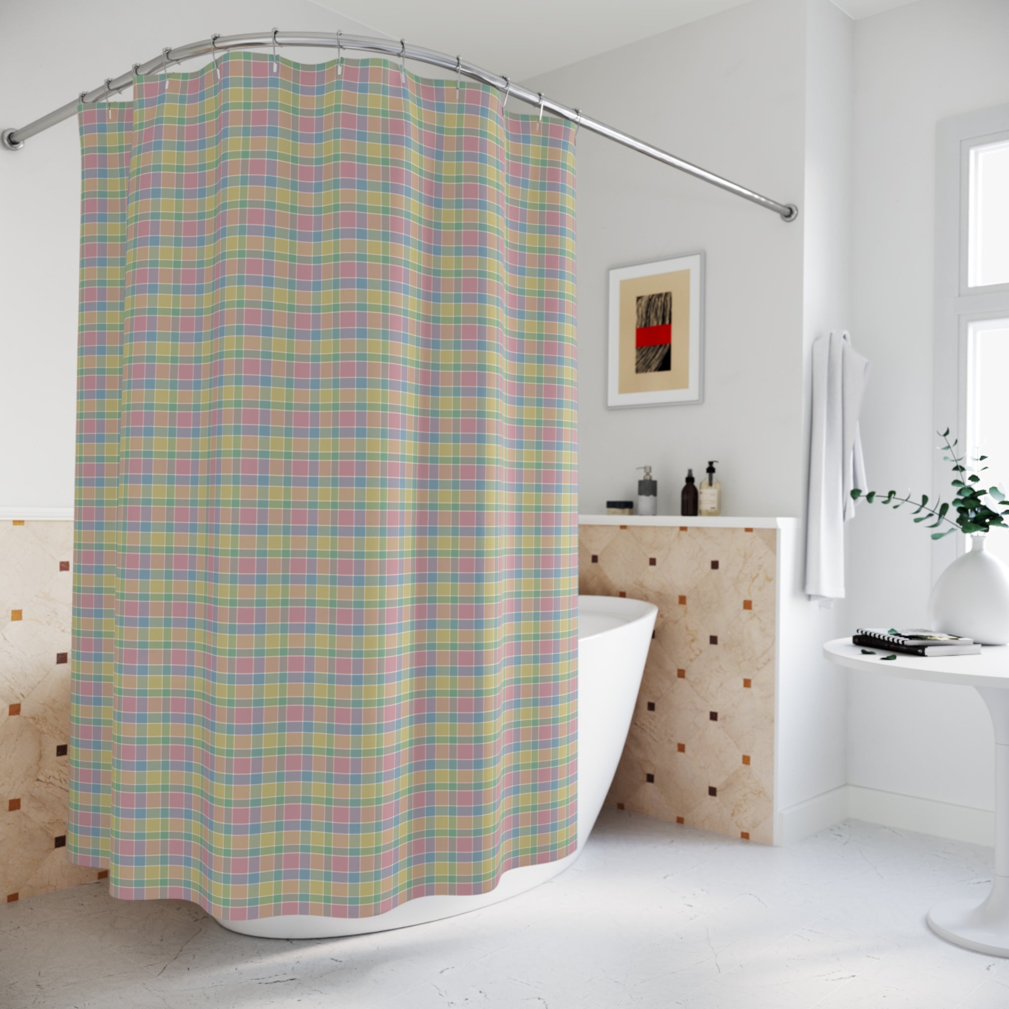 Pastel Madras Plaid Shower Curtain – Pink & Blue