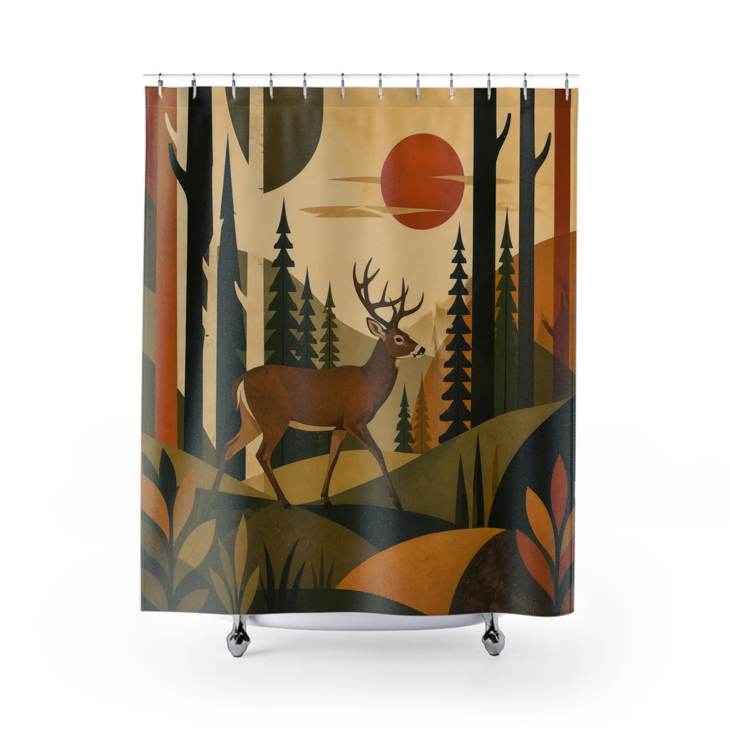 Mid century buck in a warm graphic woodland shower curtain with full front view