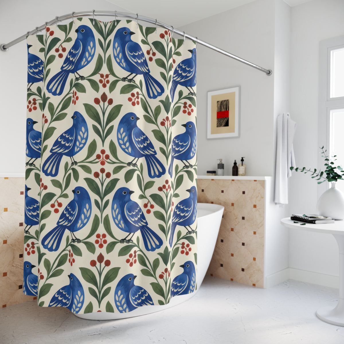 Cobalt birds, green leaves and red berries on ivory shower curtain beside a freestanding tub