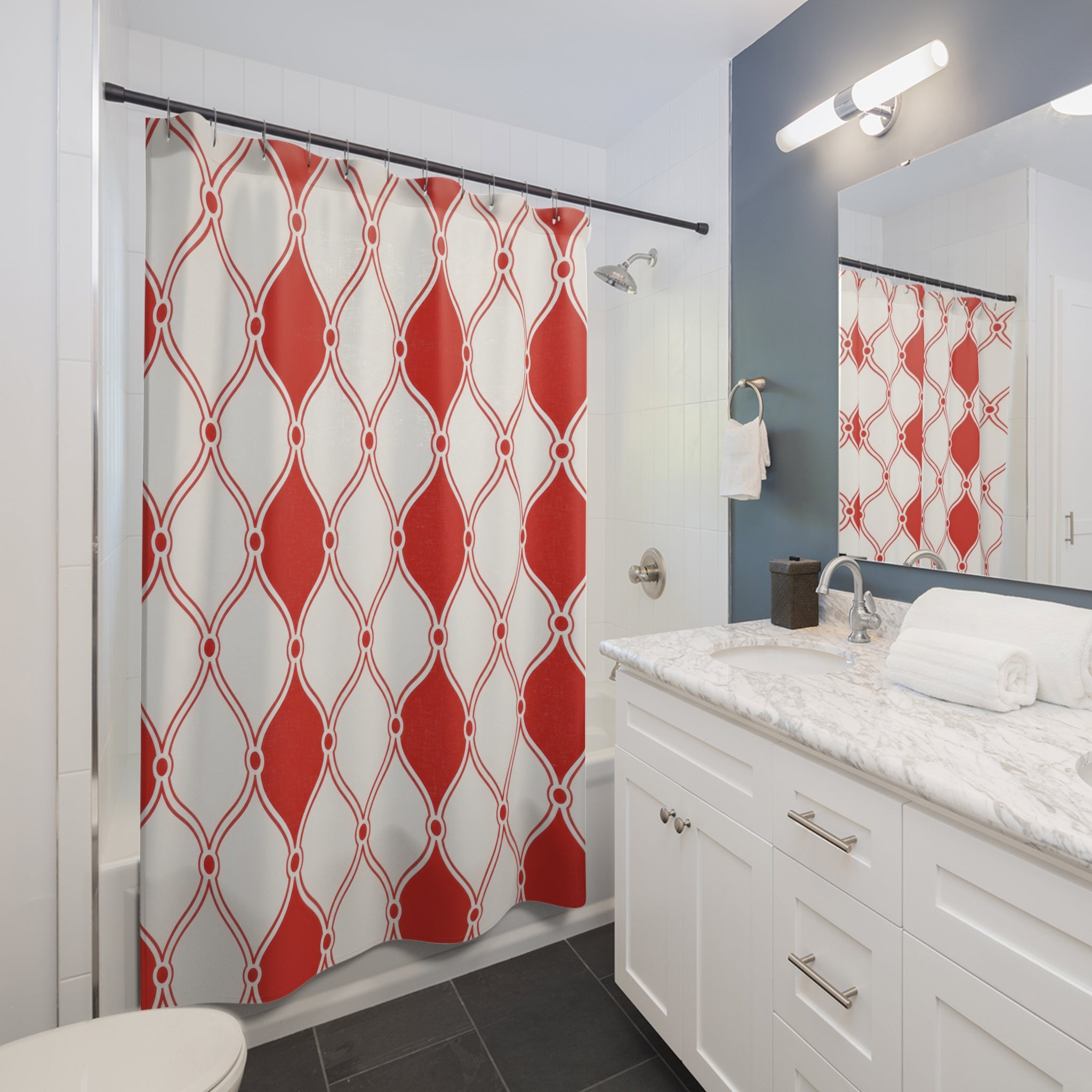 Trellis Shower Curtain, Red and White Lattice Pattern, Moroccan Geometric Bath Decor, Clean Classic Guest Bathroom Style, Ogee Accent