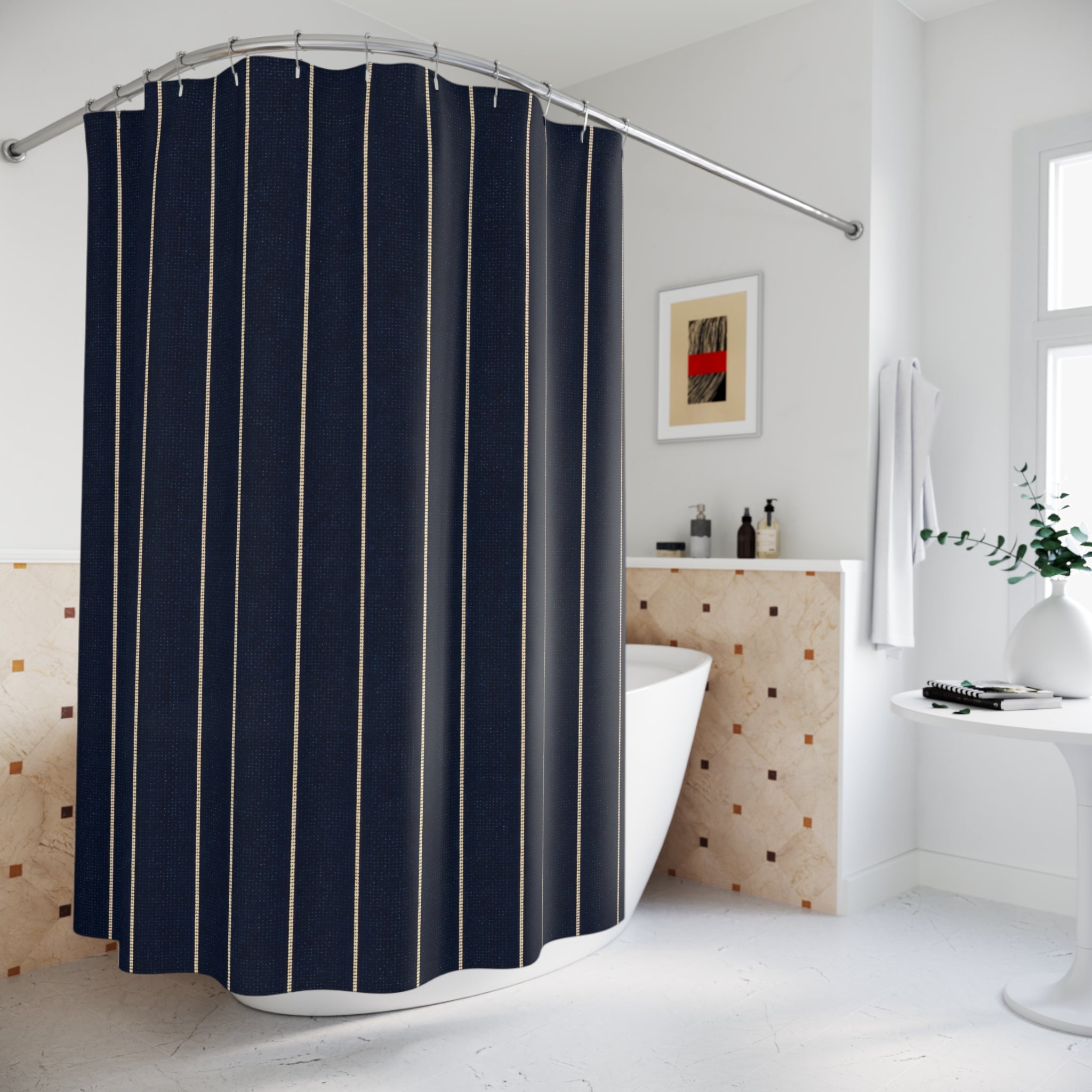Dark Navy Blue Tan Pinstripe Shower Curtain