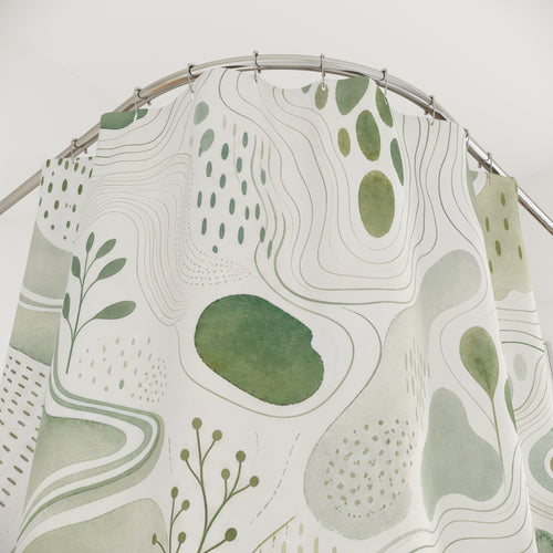 Abstract Botanical Green White shower curtain with close-up print, hooks, and folds