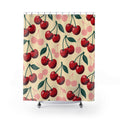 Retro red and pink cherry pattern on cream shower curtain with full front view