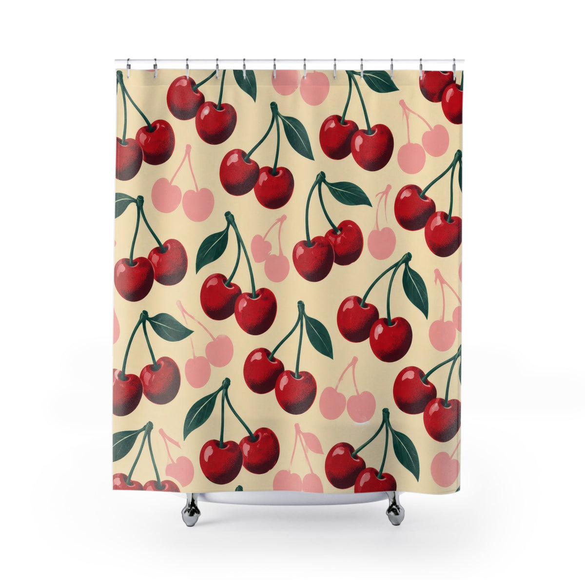 Retro red and pink cherry pattern on cream shower curtain with full front view