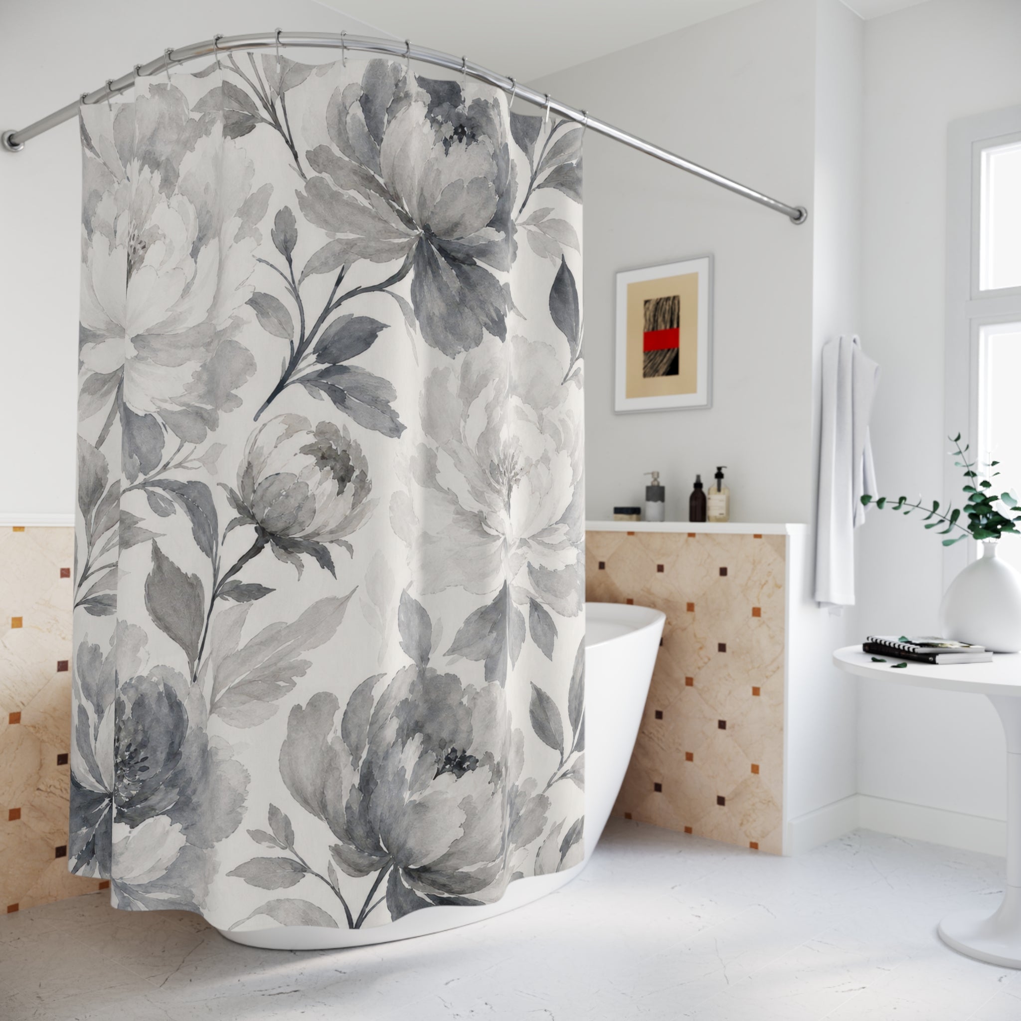 White Peony Watercolor Shower Curtain