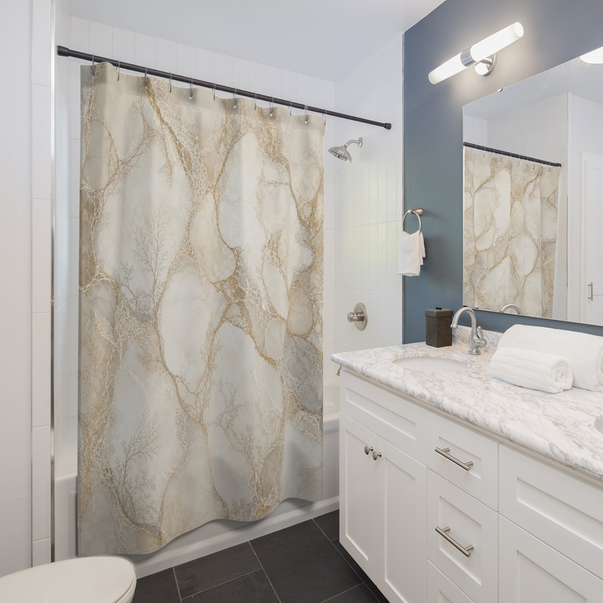 White and Gold Shower Curtain