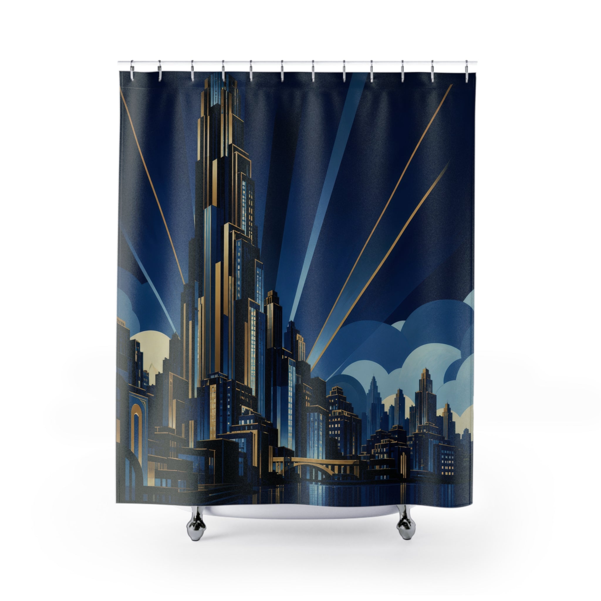 Midnight blue Neo Art Deco metropolis with terraced skyscraper shower curtain with full front view
