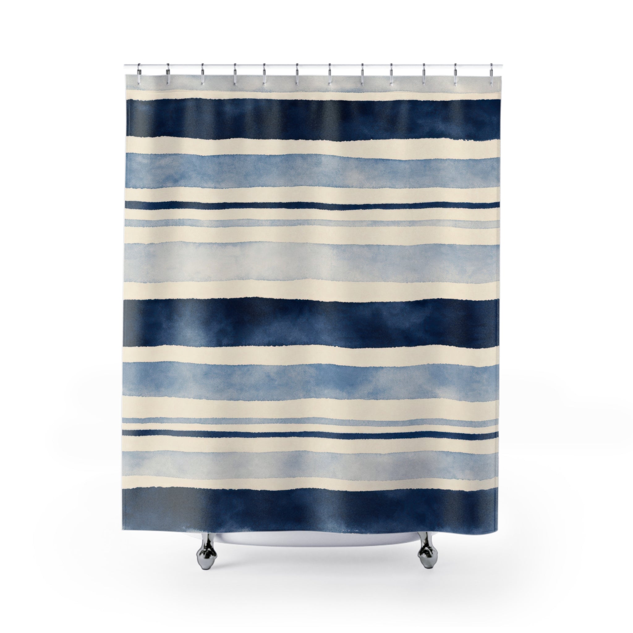 Navy Blue Cream Watercolor Horizontal Stripe Shower Curtain