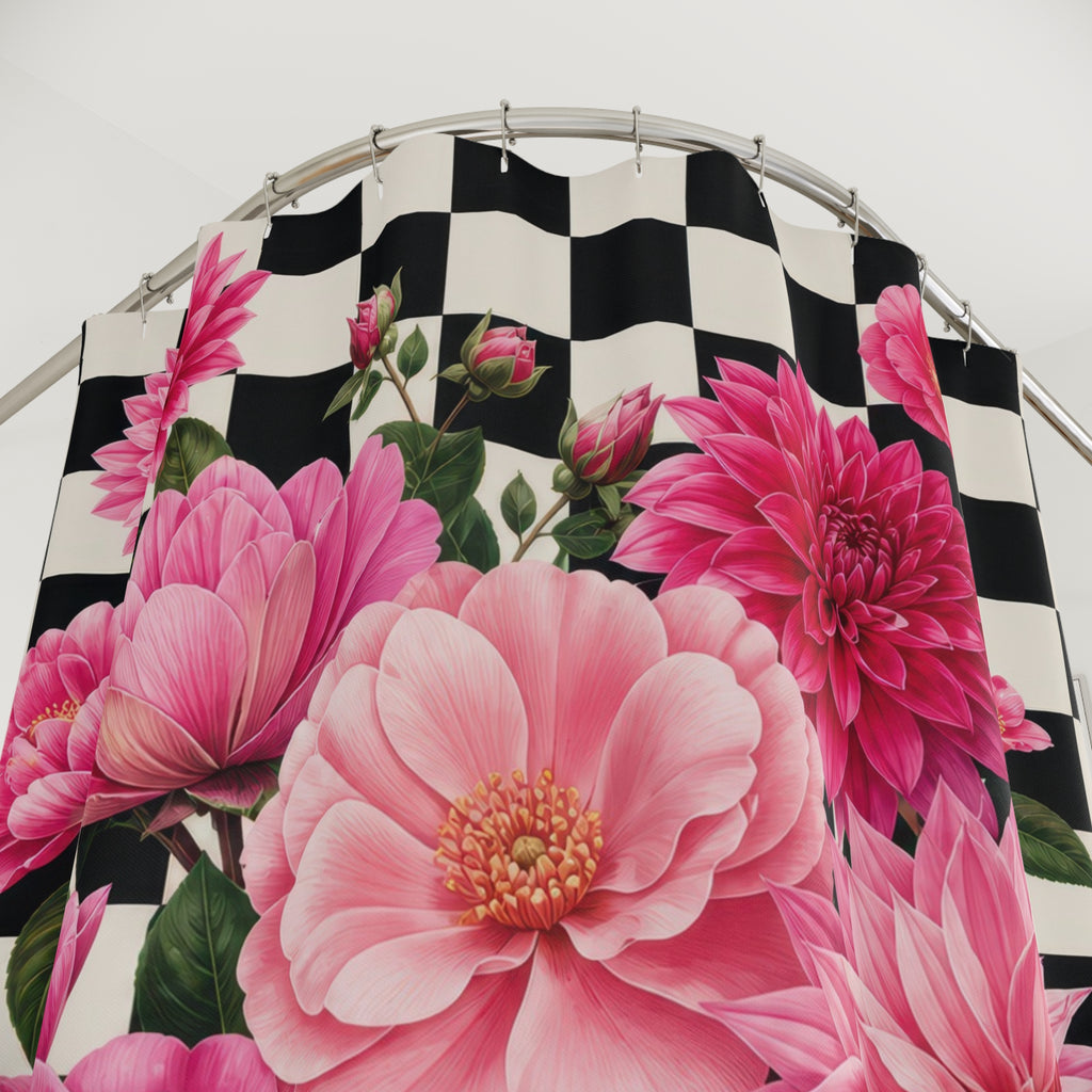Magenta dahlias on black and white checks shower curtain with close-up print, hooks, and folds