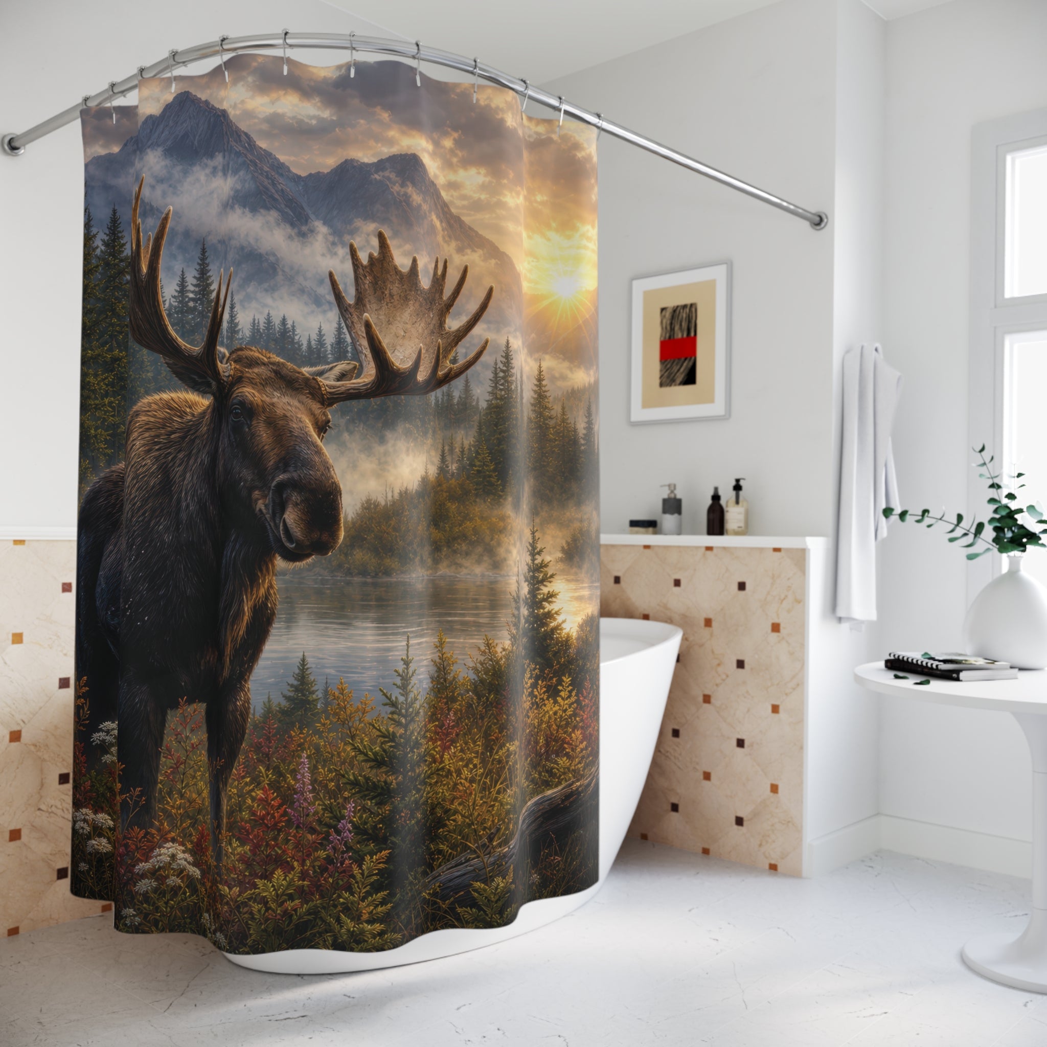 Moose Shower Curtain: Mountain Forest Wildlife