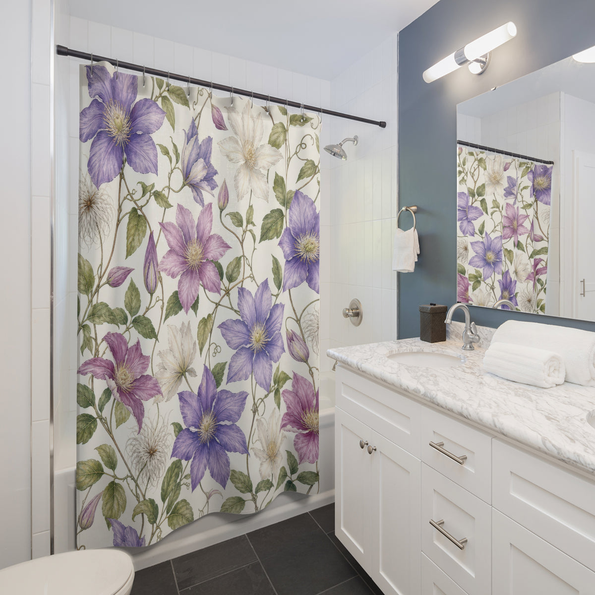 Clematis Vine Botanical purple floral shower curtain beside a white vanity