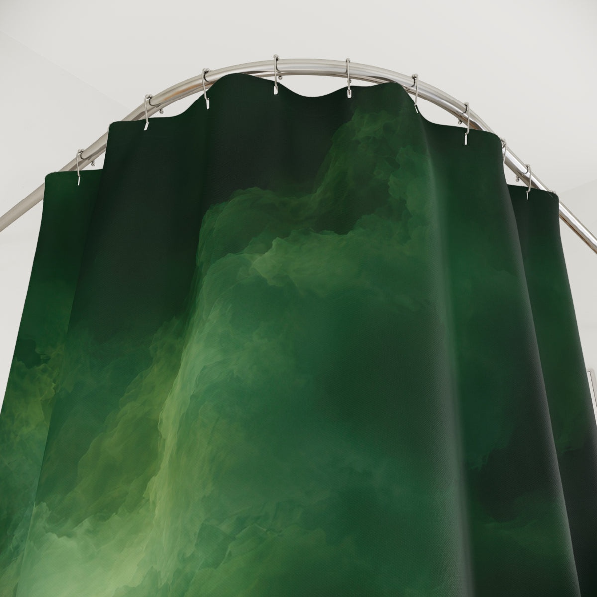Forest green clouds with pale green light shower curtain with close-up print, hooks, and folds