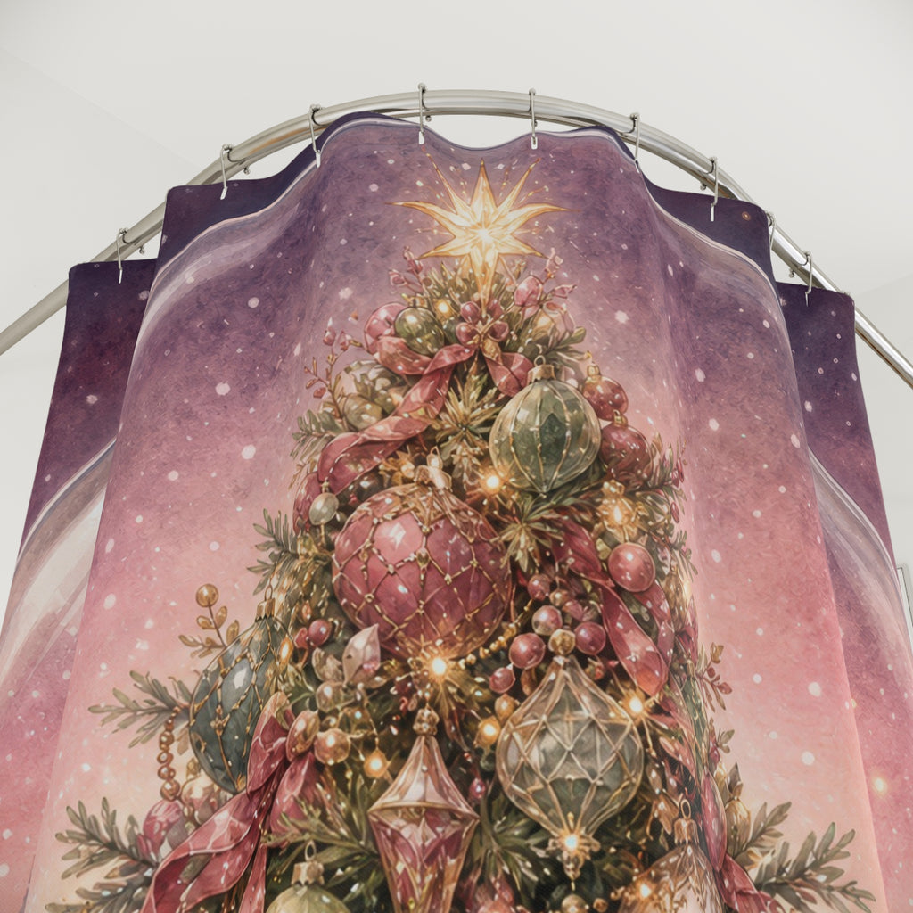 Pink Christmas tree and mouse inside a snow globe shower curtain with close-up print, hooks, and folds