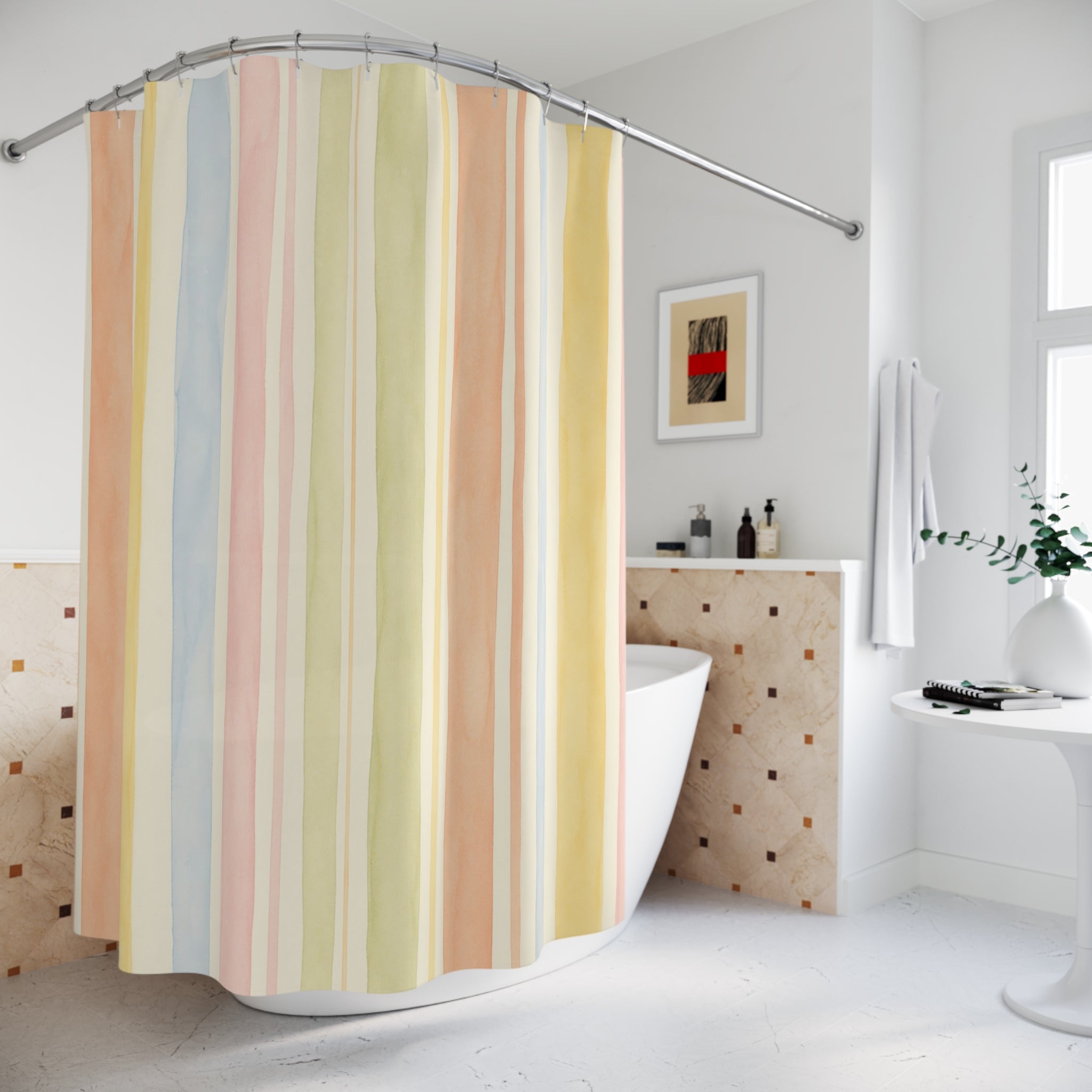 Yellow Peach Blue Vertical Stripe Shower Curtain
