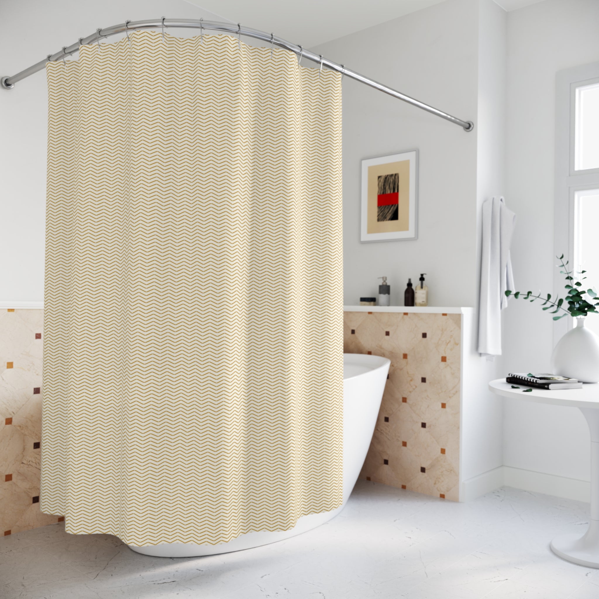 Yellow and White Herringbone Shower Curtain
