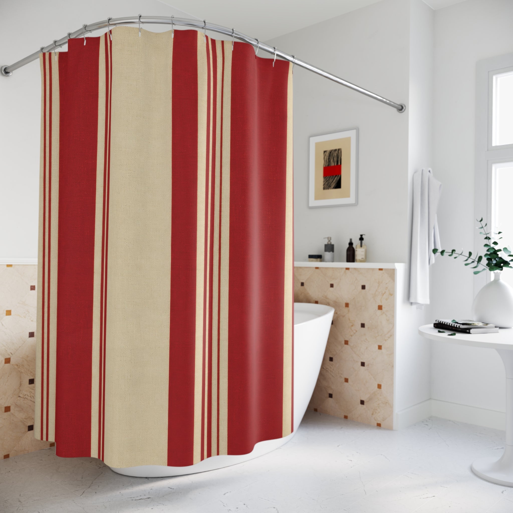 Red and White Striped Shower Curtain: Asymmetric Resort Stripe