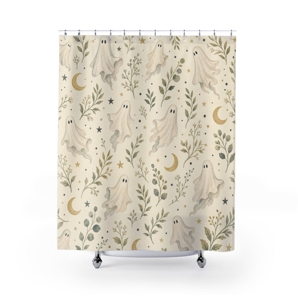 Halloween Ghost Cottage Cottagecore Beige Black Shower Curtain