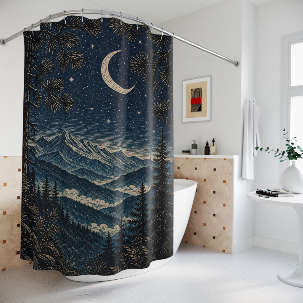 Linocut Moonlit Pine Ridge Shower Curtain