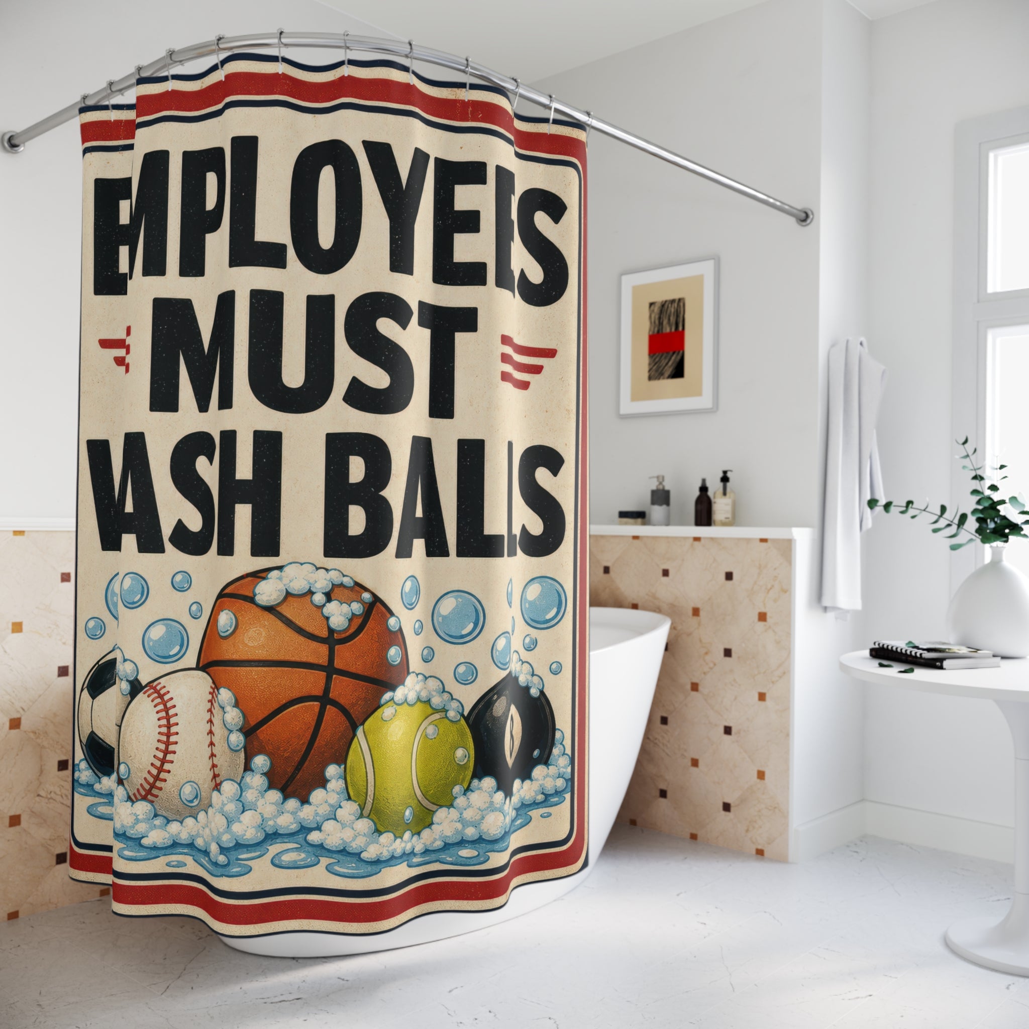 Unique Funny Shower Curtain, Employees Must Wash Balls Sign, Sports Bathroom Humor, Locker Room Powder Room Guest Bath Decor Gift For Home