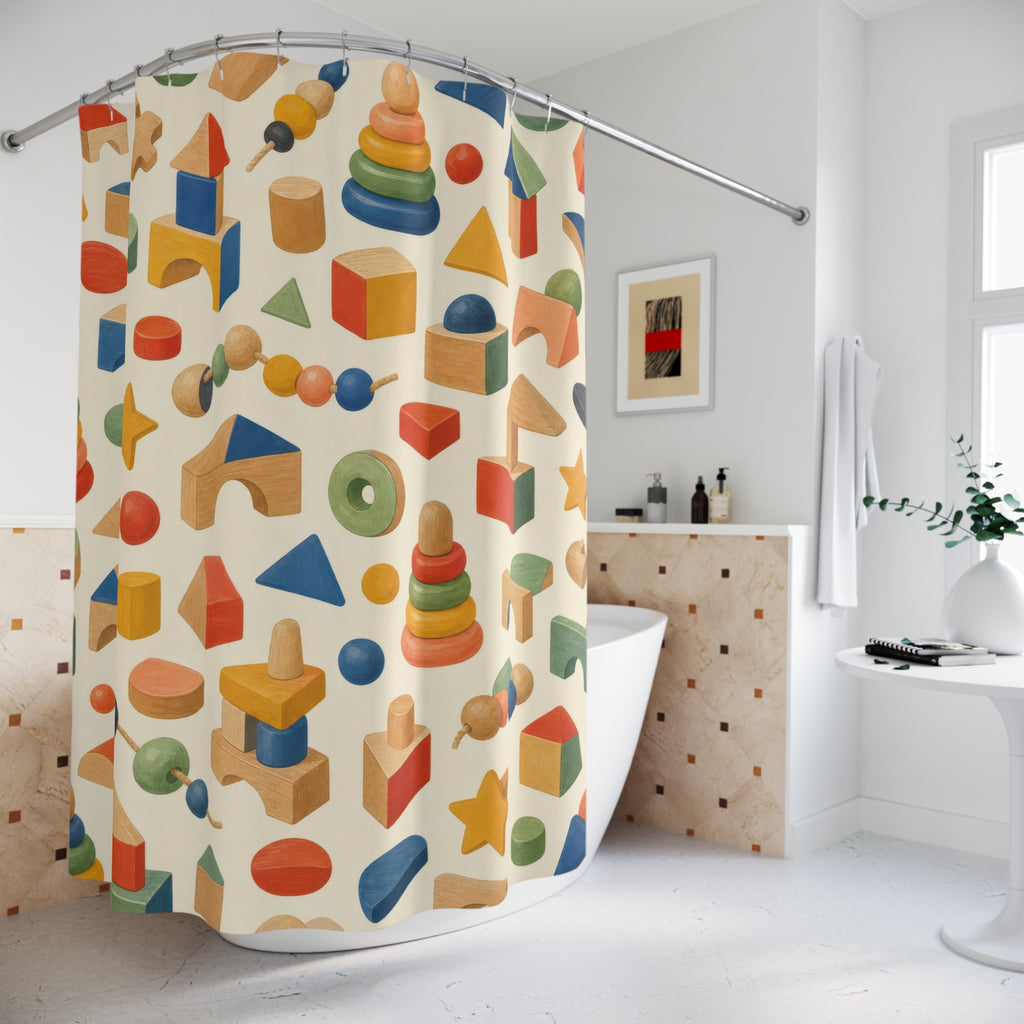 Kids Wooden Toy Shower Curtain, Block Stacking Pattern, Montessori Inspired Bathroom Decor, Playroom Nursery Wall Decor Guest Bath Gift