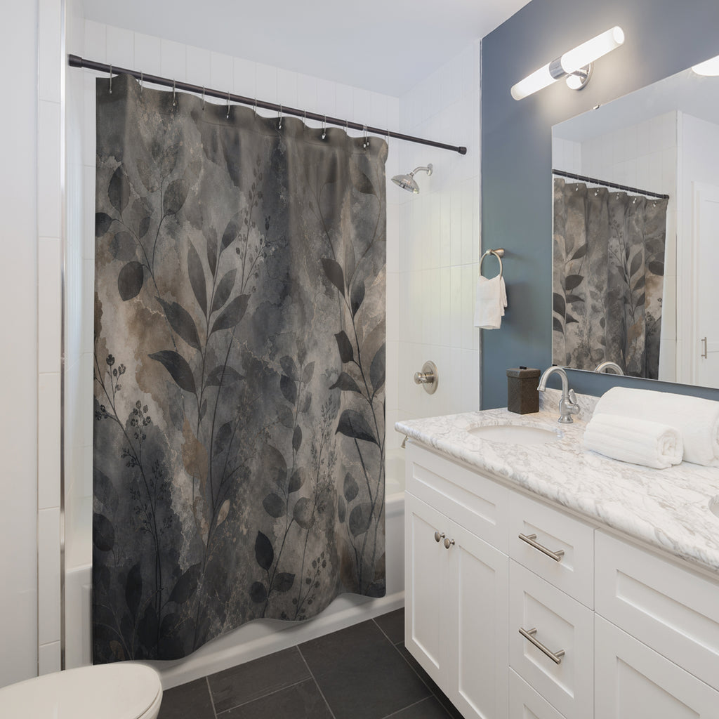 Grey Shower Curtain, Dark Botanical Watercolor Pattern, Black Charcoal Bathroom Decor, Moody Modern Guest Bath Leaf Style