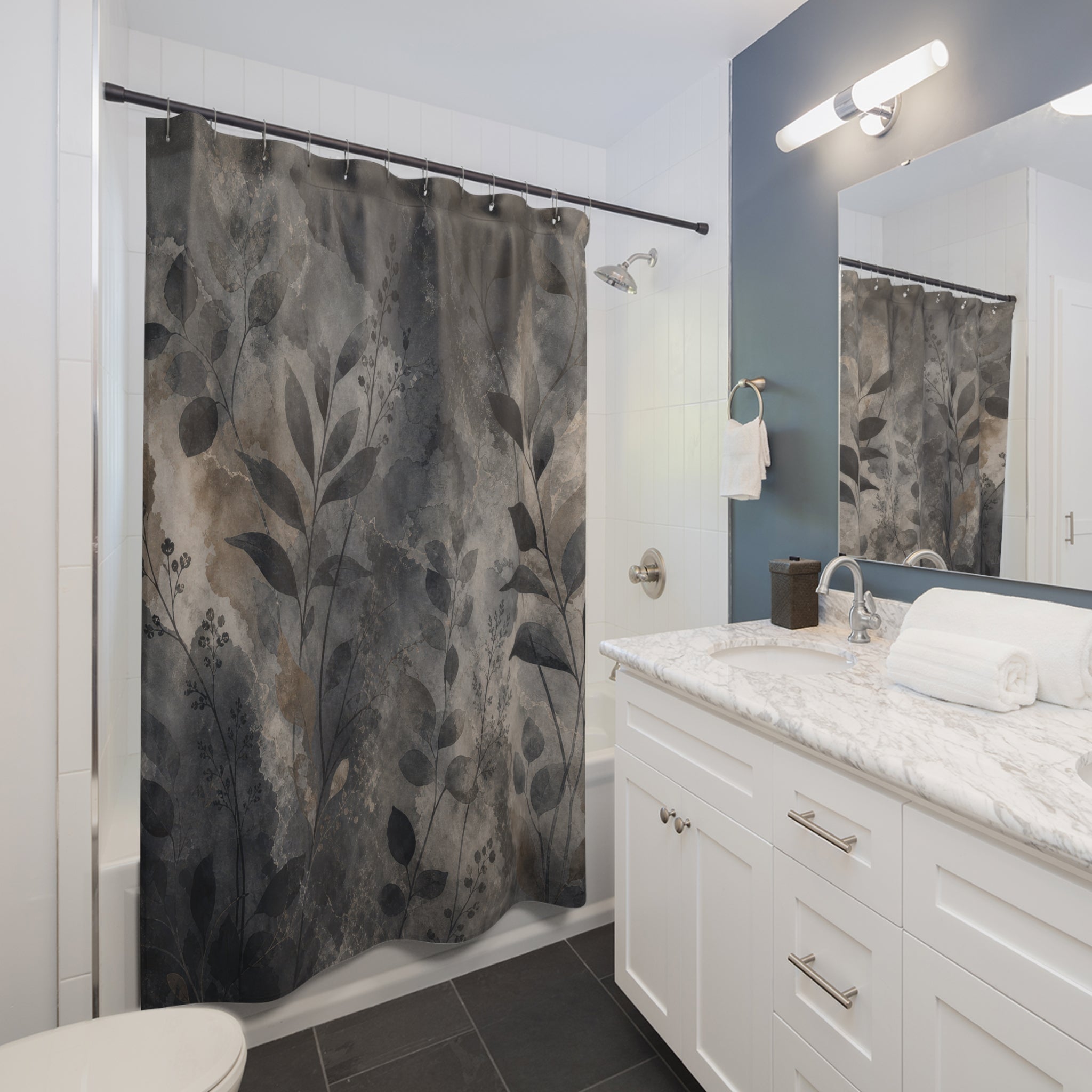 Grey Shower Curtain, Dark Botanical Watercolor Pattern, Black Charcoal Bathroom Decor, Moody Modern Guest Bath Leaf Style