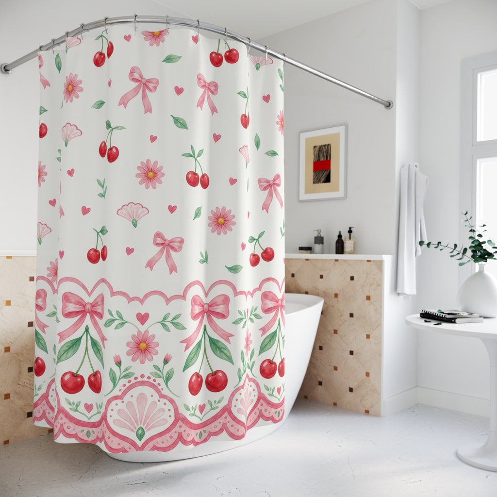 Girly Shower Curtain, Pink Bow Cherry Daisy Pattern