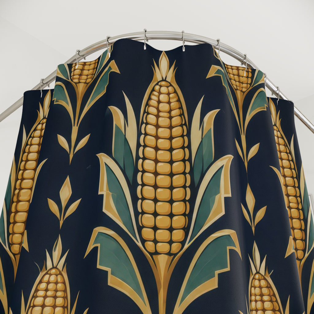 Golden maize with teal husks on navy shower curtain with close-up print, hooks, and folds
