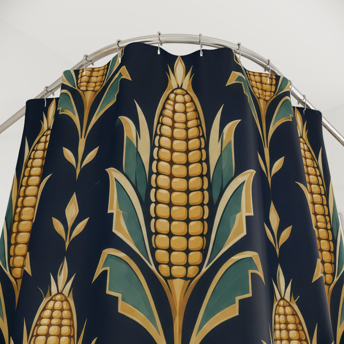 Golden maize with teal husks on navy shower curtain with close-up print, hooks, and folds