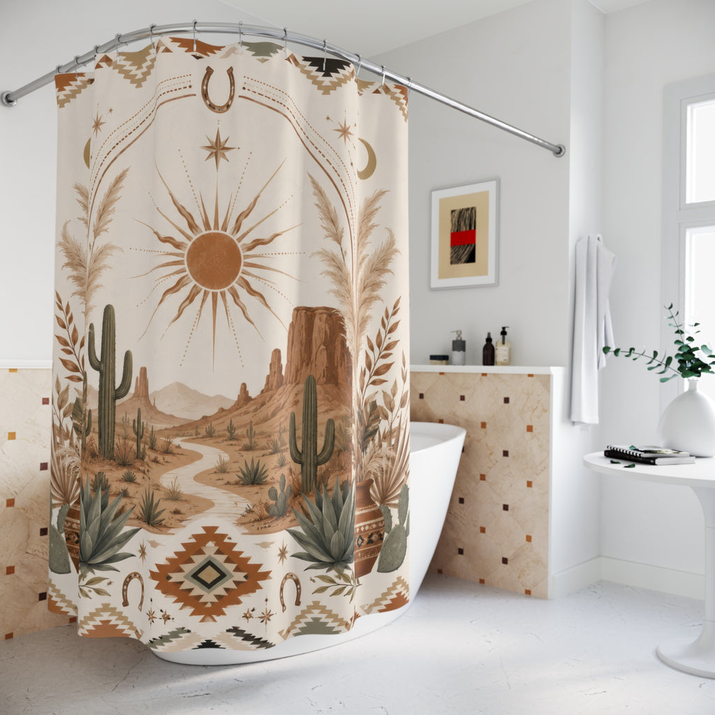 Western Boho Shower Curtain: Desert Cactus Sun Moon