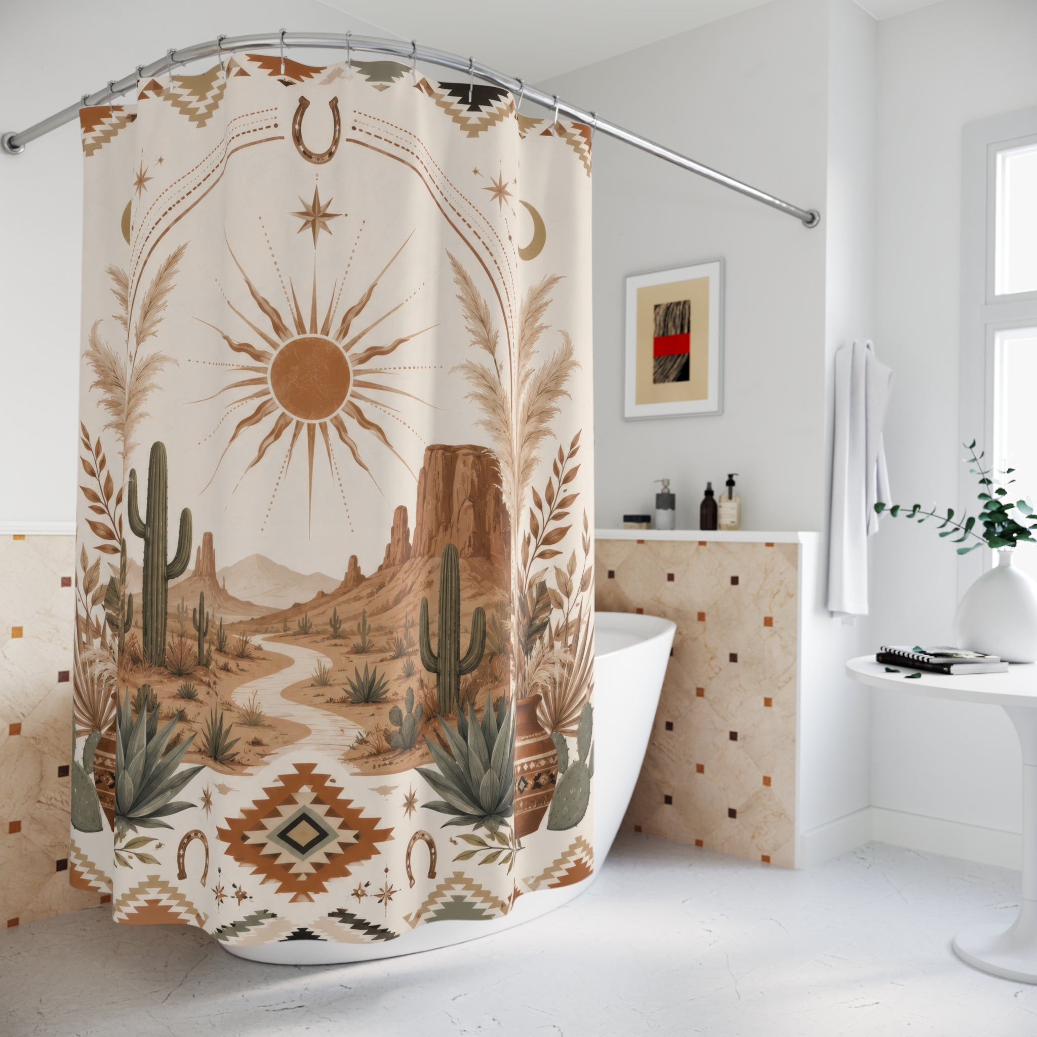 Western Boho Shower Curtain: Desert Cactus Sun Moon