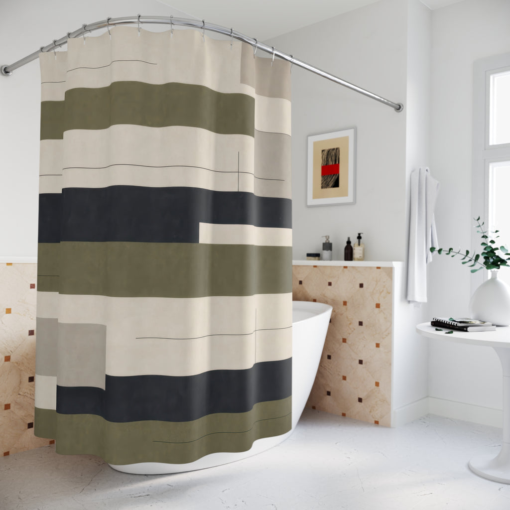 Navy Beige Stripe Olive Green Shower Curtain
