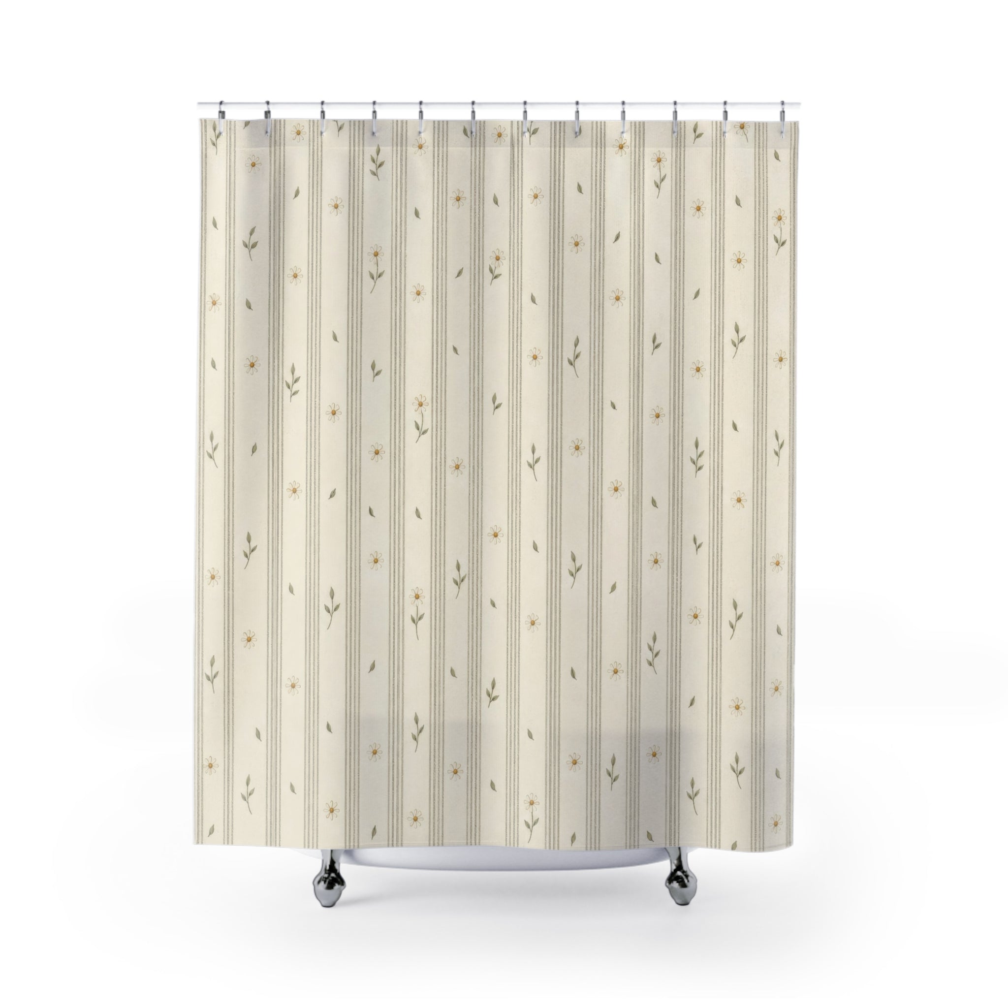 Cream Beige Botanical Pinstripe Shower Curtain