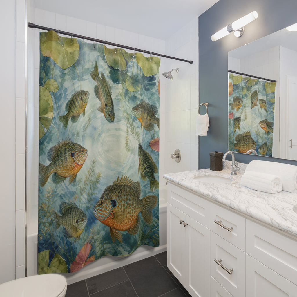 Colorful bluegill and sunfish circling beneath lily pads shower curtain beside a white vanity