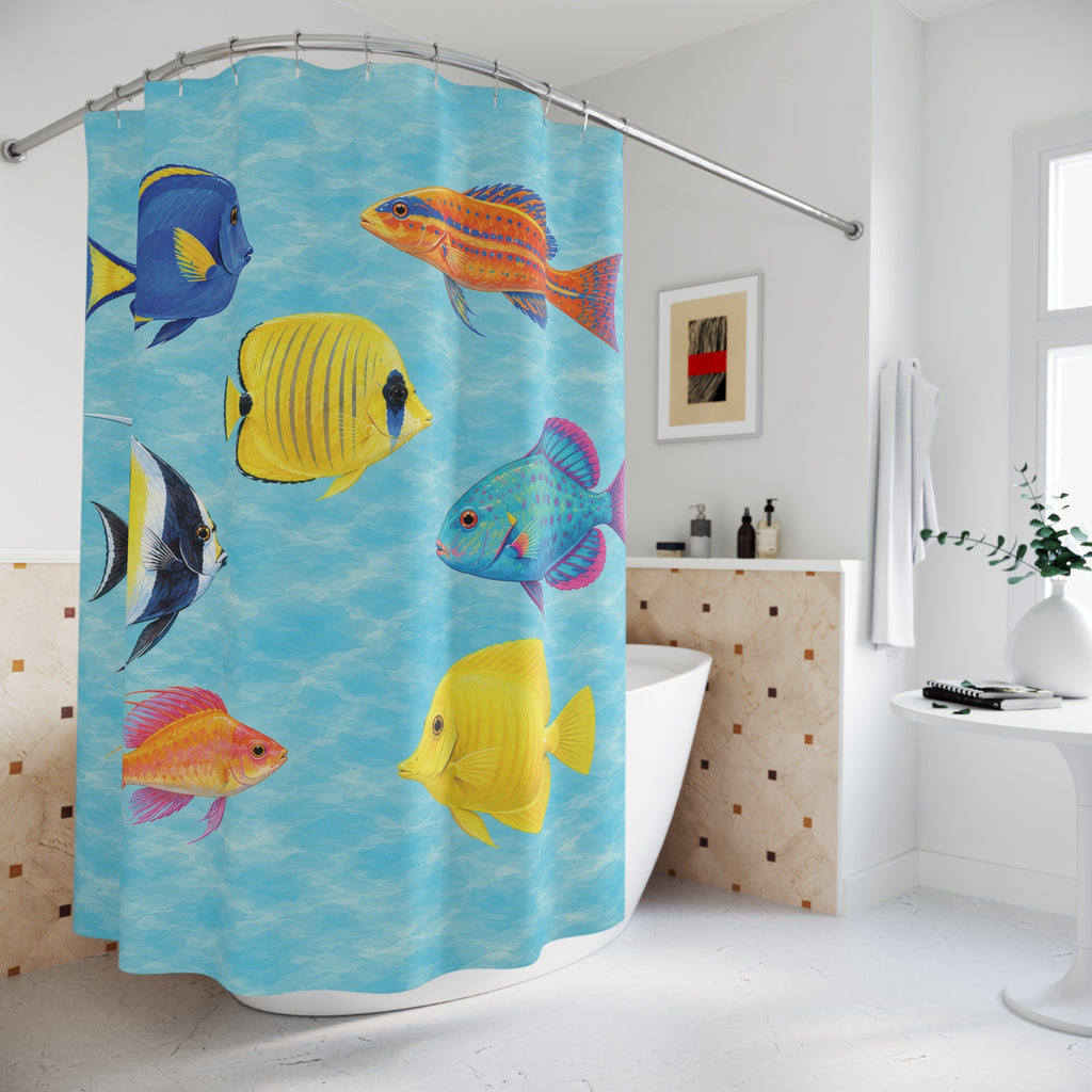 Blue, yellow, orange and turquoise reef fish in aqua water shower curtain beside a freestanding tub