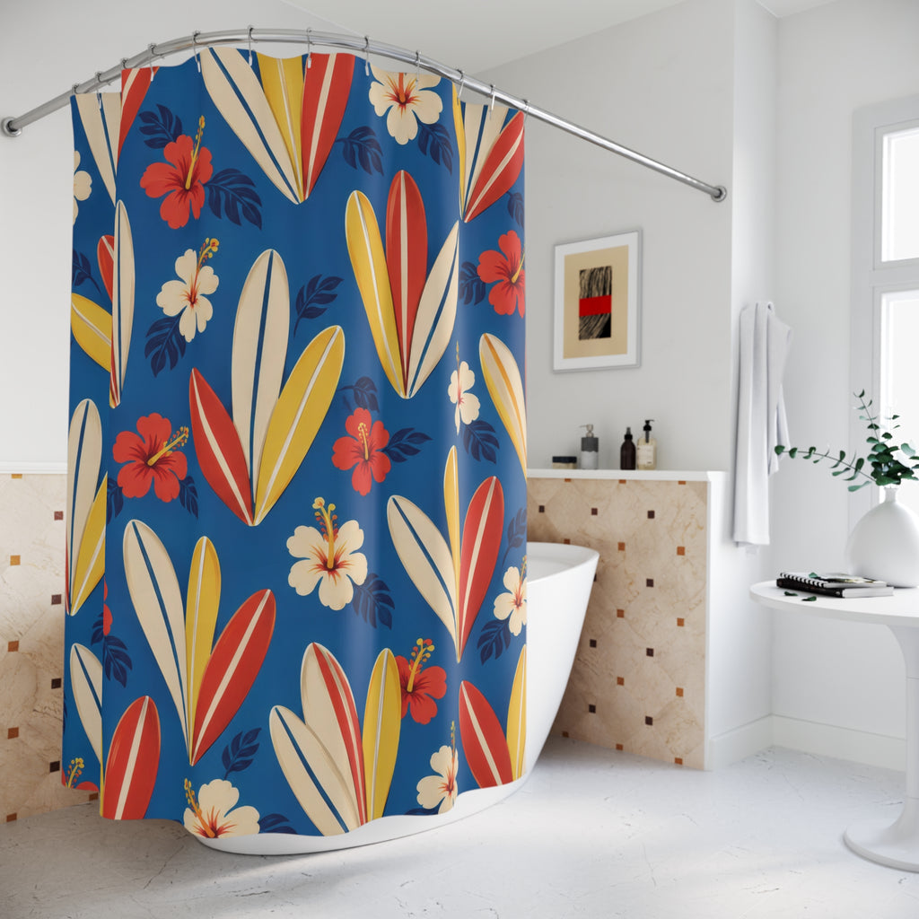 Hawaiian surfboards and hibiscus on blue shower curtain beside a freestanding tub