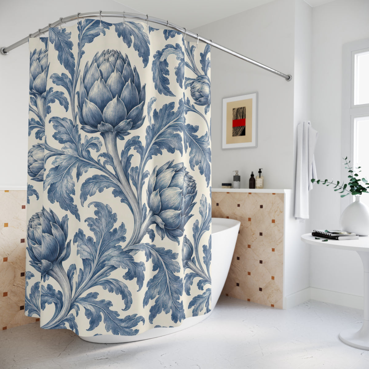 Blue artichokes and curling lobed leaves on cream shower curtain beside a freestanding tub