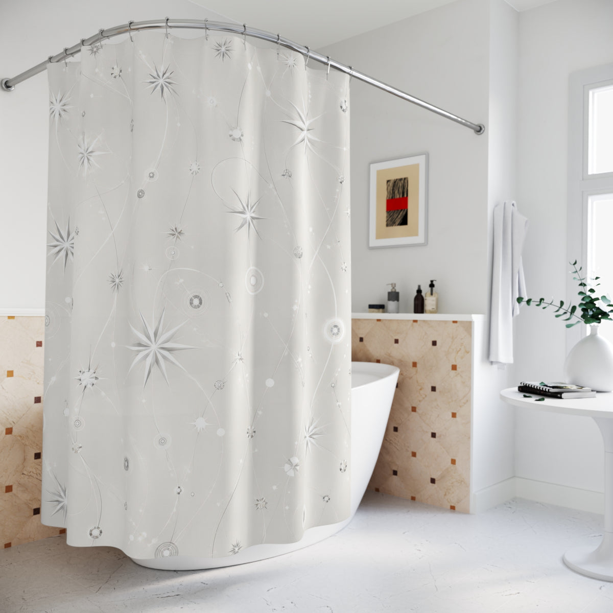 Silver starbursts and faceted nodes linked by white orbit lines shower curtain beside a freestanding tub