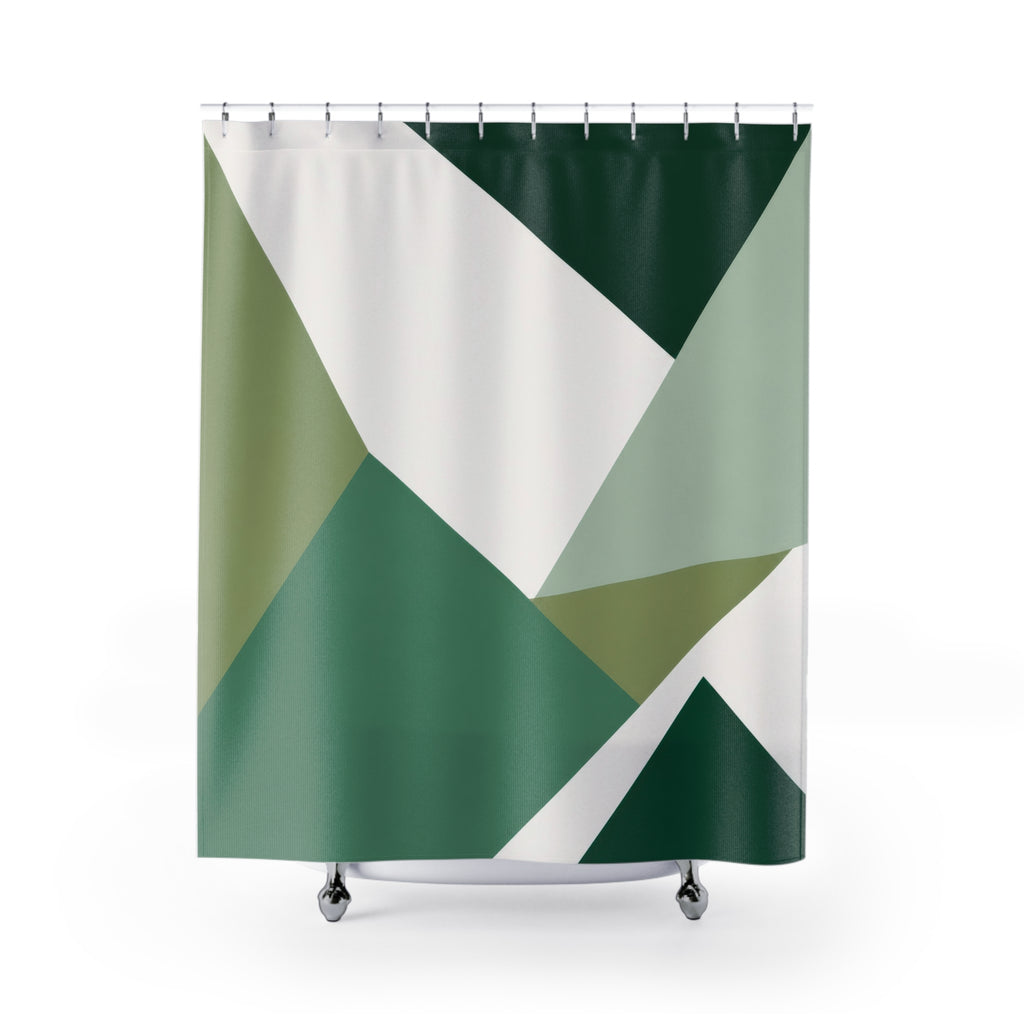 Green Geometric Shower Curtain, White Triangle Bath Decor, Faceted Abstract Pattern, Modern Guest Bathroom Decor, Sage Style Decor