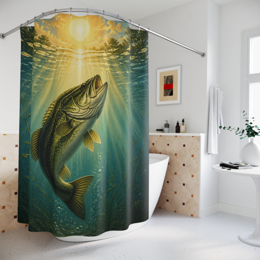 Largemouth bass rising through golden sunbeams in a teal lake shower curtain beside a freestanding tub