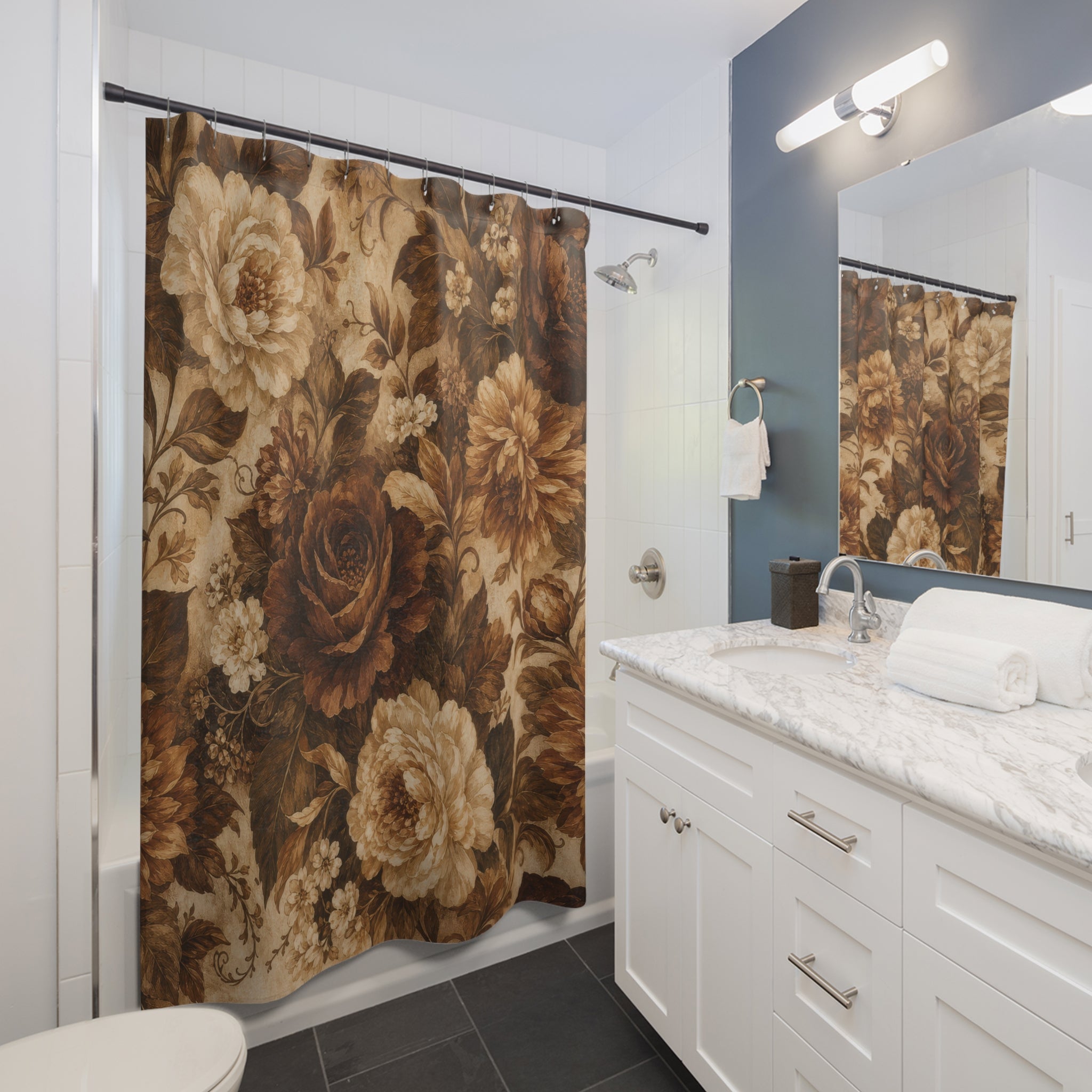 Brown Floral Shower Curtain: Vintage Botanical Pattern