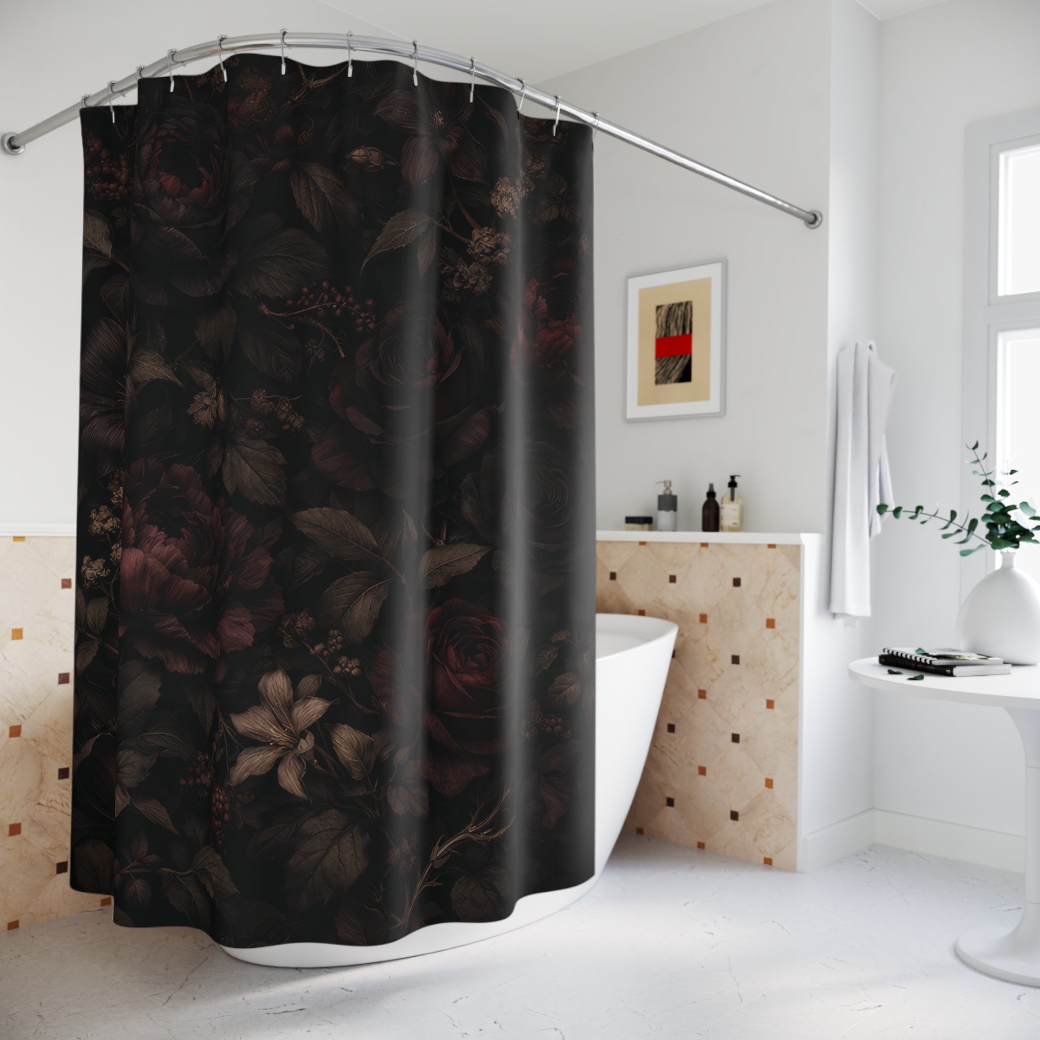 Dark Floral Shower Curtain – Black Rose & Burgundy Peony
