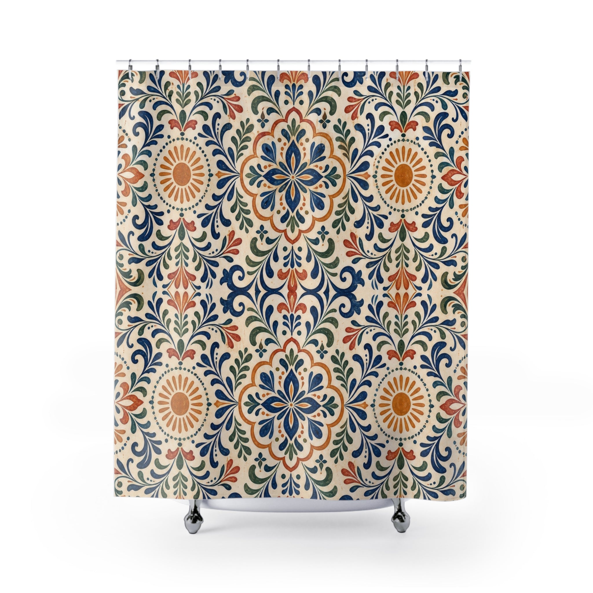 Blue Terracotta Floral Tile Shower Curtain