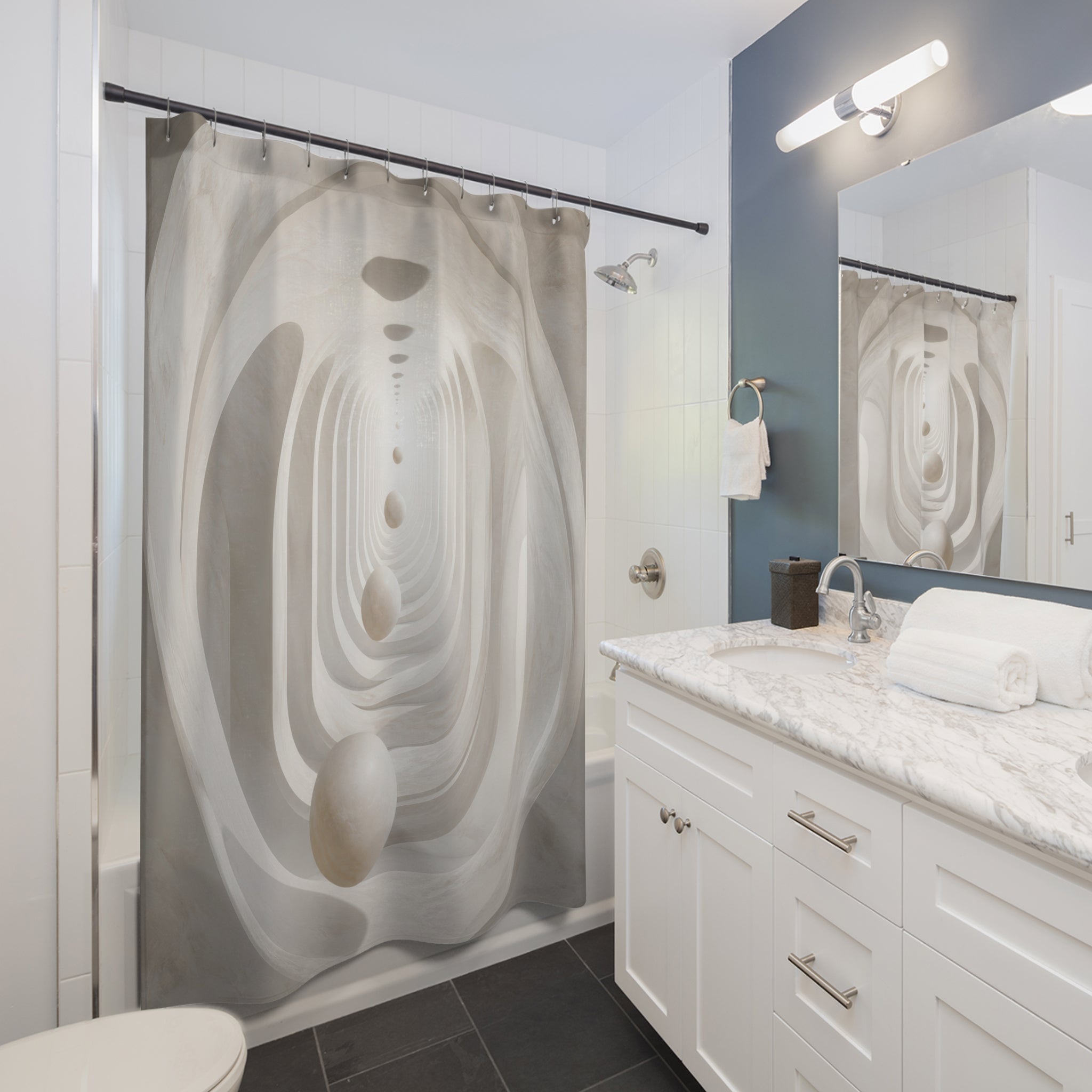 White infinite archway with floating spheres shower curtain beside a white vanity