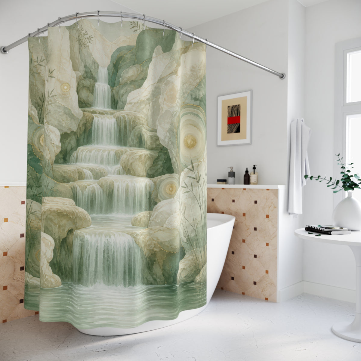 Luminous waterfall descending through layered sage mineral cliffs shower curtain beside a freestanding tub