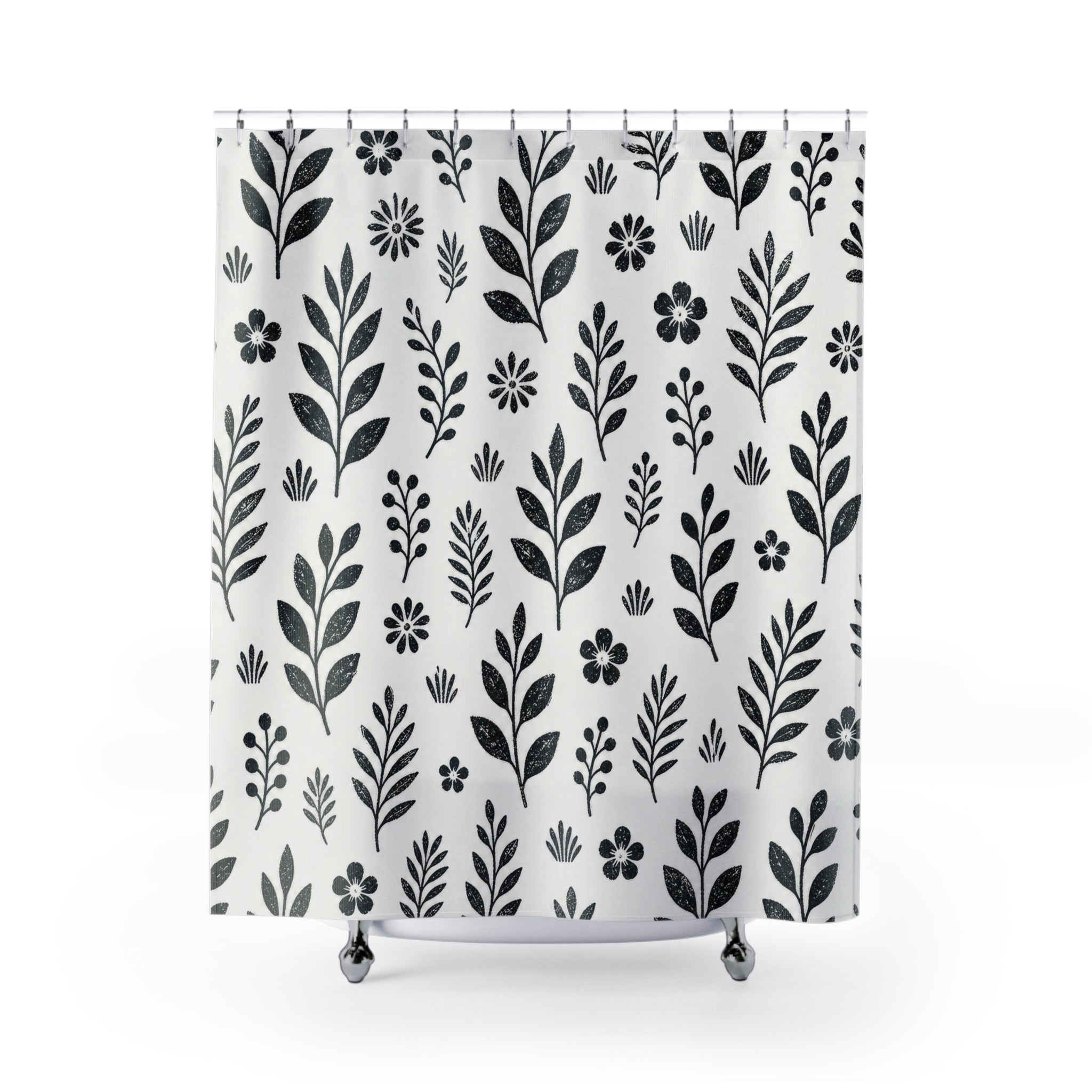 Black White Floral Flower Botanical Cottage Sprig Shower Curtain