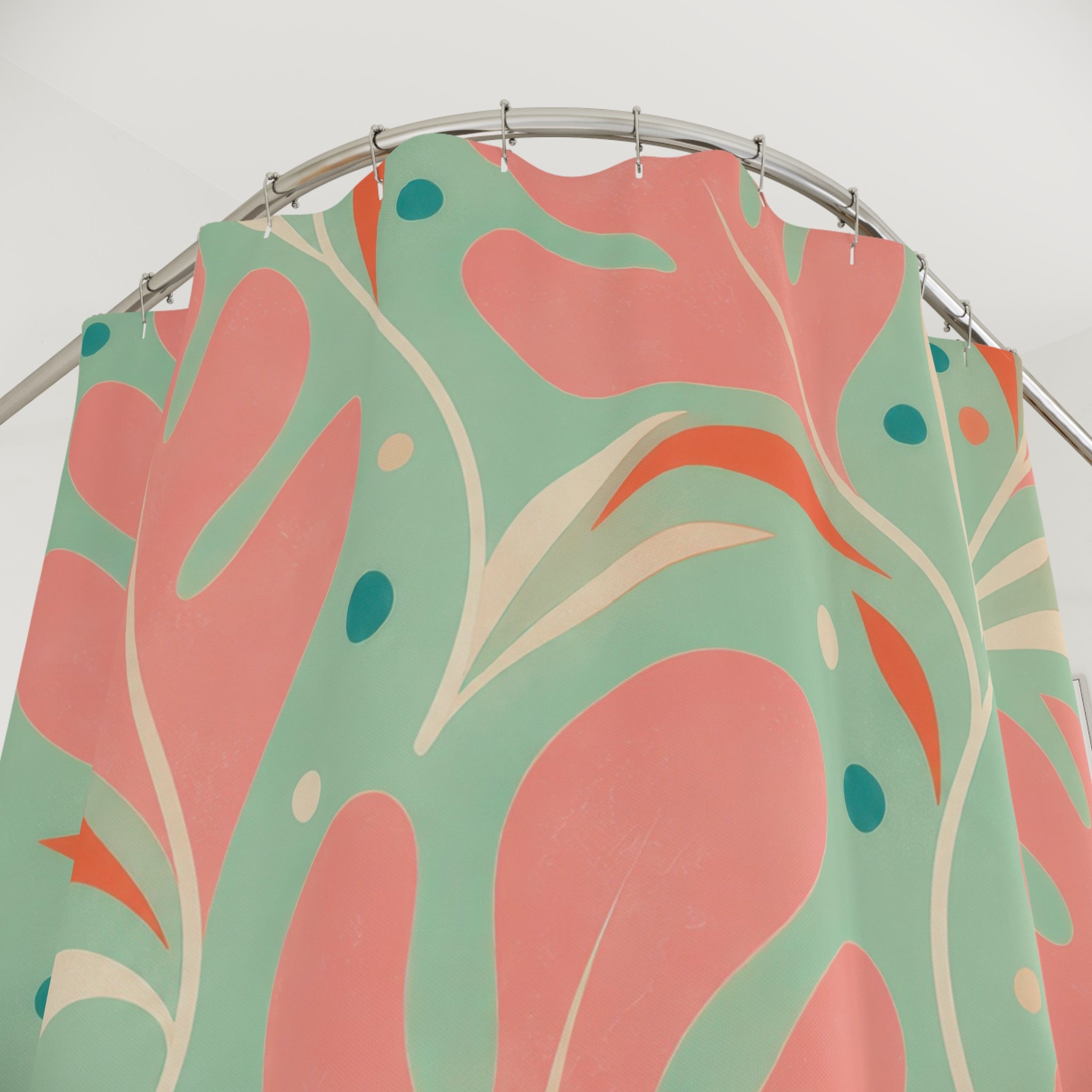 Retro Shower Curtain, Coral Mint Leaf Pattern, Tropical Botanical Bathroom Decor, Fresh Guest Bath Wall Gift For Home Spa Refresh Style