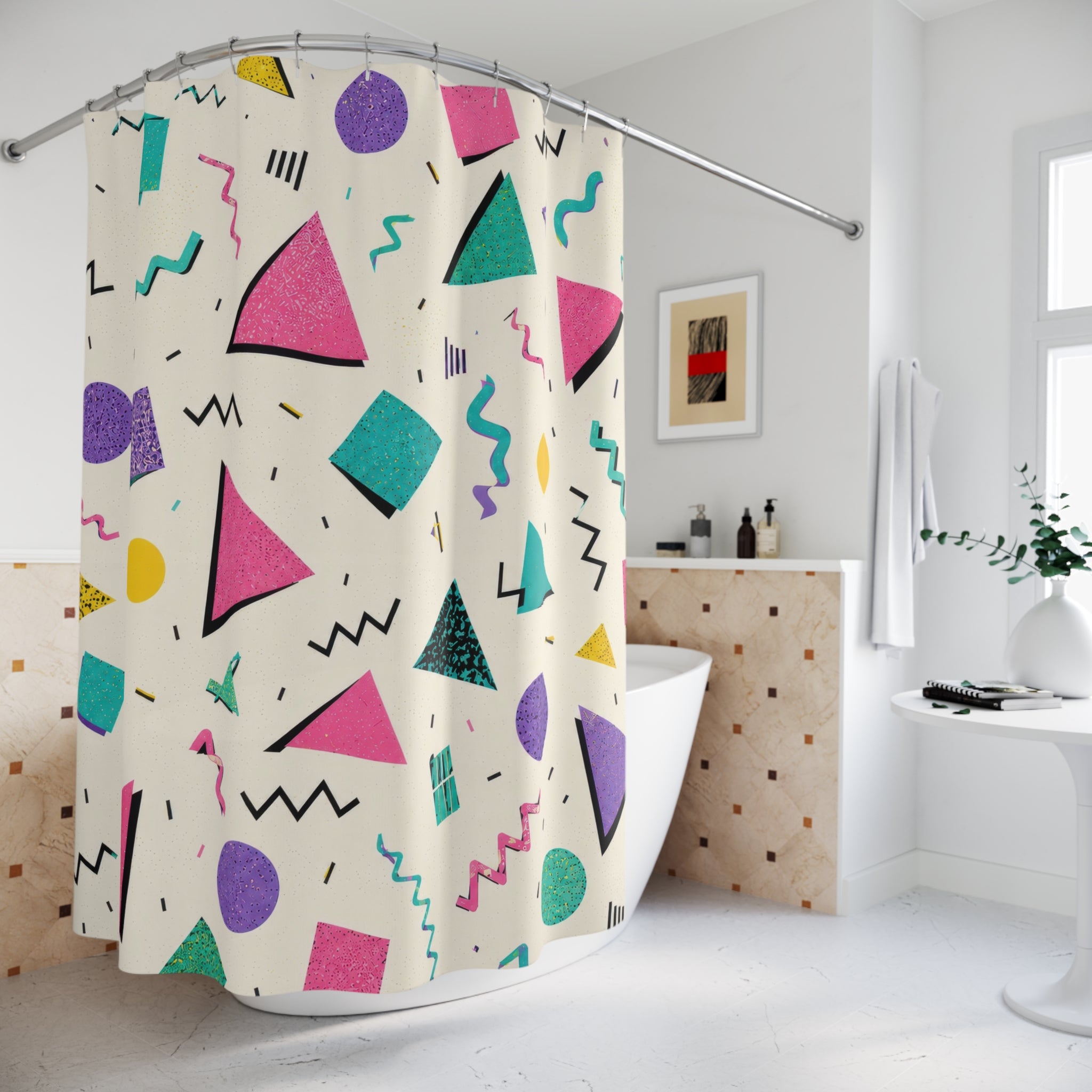 90s Shower Curtain: Colorful Memphis